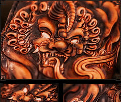 Handmade Leather Tooled Chinese Dragon Mens Chain Biker Wallet Cool Leather Wallet Long Phone Wallets for Men