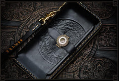 Handmade Leather Tooled Carp Mens Chain Biker Wallet Cool Leather Wallet Long Phone Wallets for Men