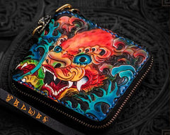 Handmade Leather Chinese Lion Tooled Mens billfold Wallet Cool Chain Wallet Biker Wallet for Men