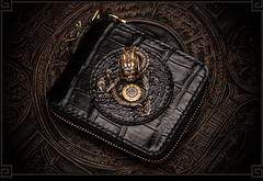 Handmade Leather Chinese Dragon Tooled Mens billfold Wallet Cool Chain Wallet Biker Wallet for Men