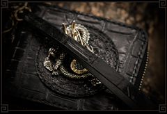 Handmade Leather Chinese Dragon Tooled Mens billfold Wallet Cool Chain Wallet Biker Wallet for Men