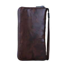 Genuine Leather Mens Cool Long Leather Wallet Zipper Clutch Wristlet Wallet for Men
