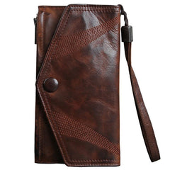 Genuine Leather Mens Cool Biker Chain Wallet Long Leather Wallet Slim Clutch Wristlet Wallet for Men