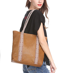 Country Style Black Leather Tote Bag Shopper Bag Brown Tote Purse For Women