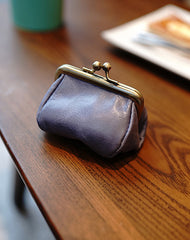 Vintage Women Purple Leather Coin Wallet Frame Clasp Coin Pouch Change Wallet For Women