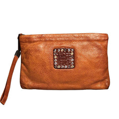 Handmade Genuine Leather Mens Clutch Cool Slim Wallet Zipper Clutch Wristlet Wallet for Men
