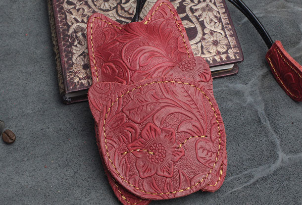Handmade Car Key Wallet Vintage Leather Wallet Cat Kitty Cute Carved Floral Leather Accessories Gift For Men Women - EverHandmade