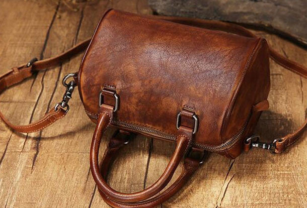 Handmade Leather Vintage Boston Bag Handbag Shoulder Bag for Women - EverHandmade