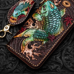 Leather Tooled Carp Mens Chain Wallets Biker Wallets Cool Leather Wallet Long Wallets for Men