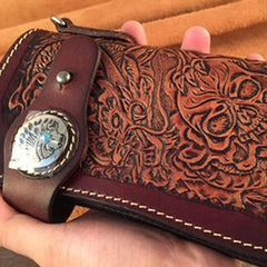 Handmade Leather Tooled Skull Mens Chain Biker Wallet Cool Leather Wallet Long Wallet for Men