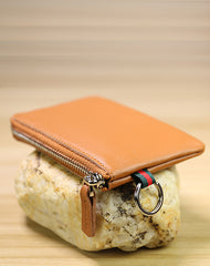 Slim Women Navy Leather Mini Zip Wallet with Keychain Billfold Minimalist Coin Wallet Small Zip Change Wallet For Women
