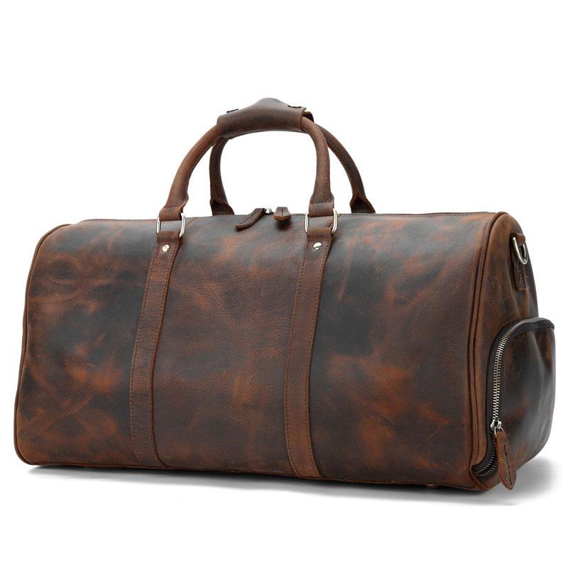 Cool Vintage Brown Leather Men Barrel Overnight Bags Travel Bags Weekender Bags For Men