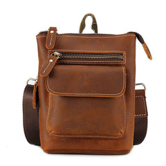 Cool Dark Brown Leather Mens Belt Pouch Mini Shoulder Bags Waist Bags For Men