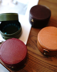 Cute Women Brown Leather Round Coin Wallet Box Small Portable Jewelry Storage Box For Women