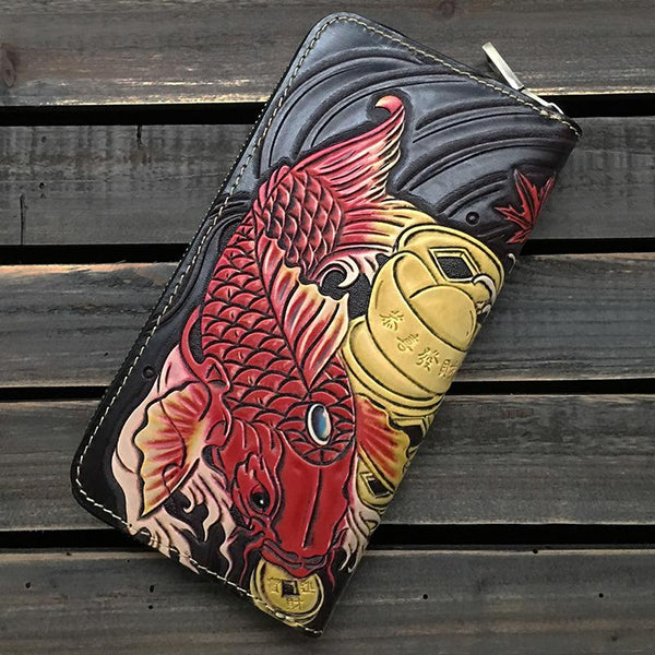 Black Handmade Tooled Leather Double Carp Clutch Long Wallet Zipper Wallet For M TPJP02391038