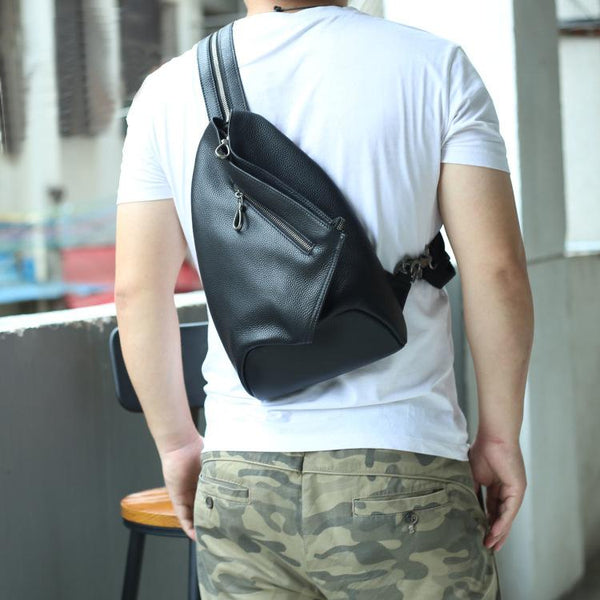 Badass Black Leather Backpack Men's Sling Bag - Back View