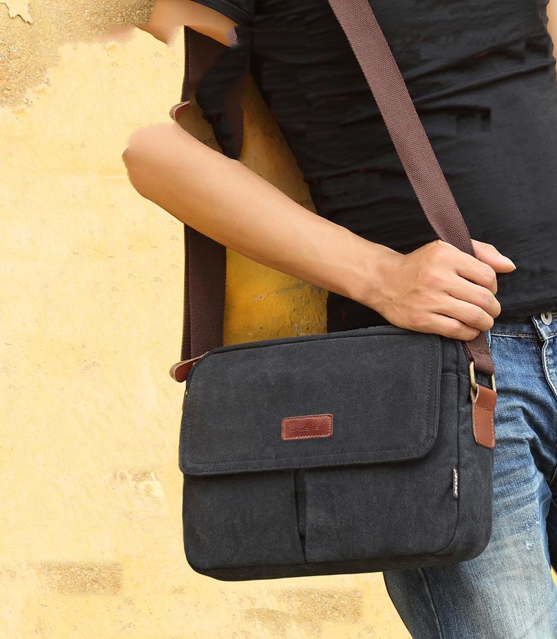 Cool Canvas Leather Mens Small Black Tablet Bag Shoulder Bag Gray Side Bag Messenger Bag for Men