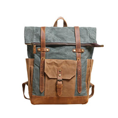 Waxed Canvas Leather Mens 17‘’ Lake Green Backpack Khaki Travel Backpack Dark Gray Hiking Backpack for Men