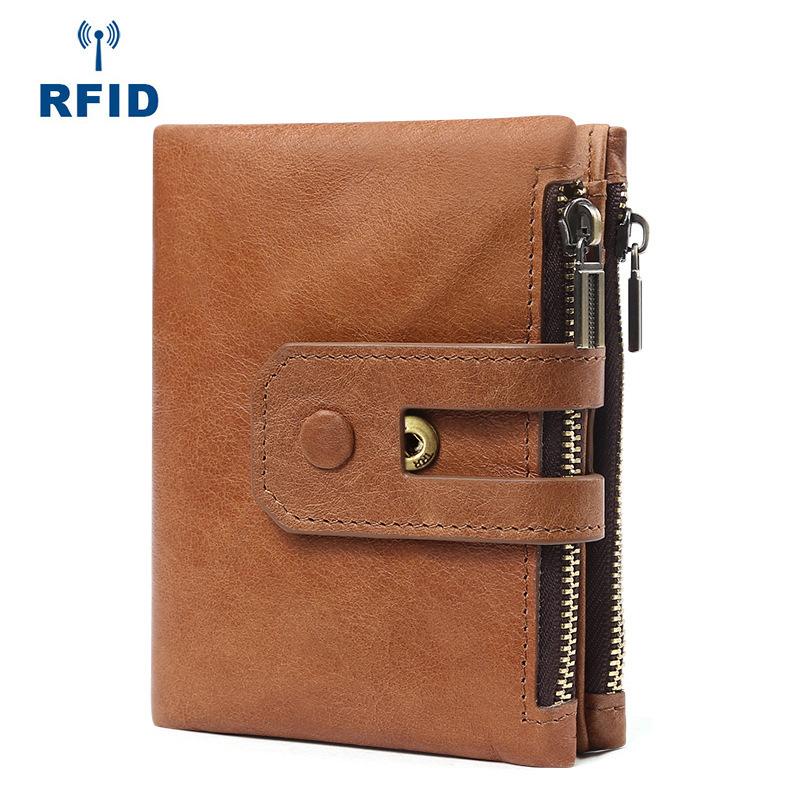 RFID Brown Leather Men's Double Zipper Small Wallet Black billfold Wallet For Men