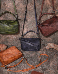 Vintage Leather Womens Cube Shoulder Bag Handmade - Front View
