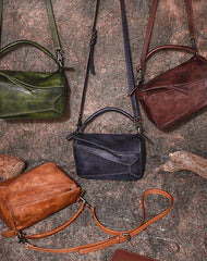 Vintage Leather Womens Cube Shoulder Bag Handmade Geometry Crossbody Purse for Ladies