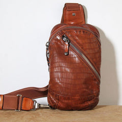 Handmade Genuine Leather Mens Cool Chest Bag Sling Bag Crossbody Bag Travel Bag Hiking Bag for men