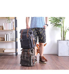 Waxed Canvas Leather Mens Gray Waterproof 15‘’ Large Backpack Travel Backpack College Backpack for Men