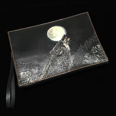 Black Handmade Tooled Leather Double Carps Clutch Wallet Wristlet Bag Clutch Purse For Men