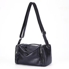 Fashion Black Leather Men's Small Barrel Side Bag Messenger Bag Small Black Overnight Bag For Men