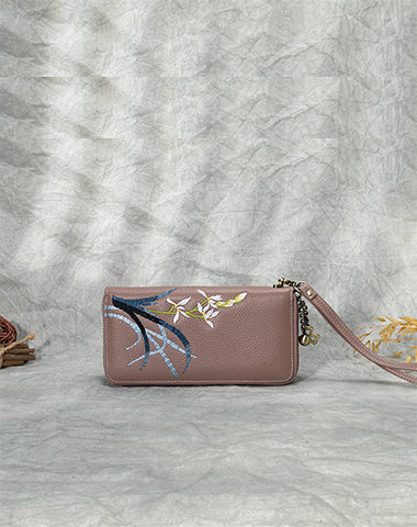 Handmade Embroidery Green Leather Orchids Wristlet Wallet Womens Zip Around Wall WW00981066