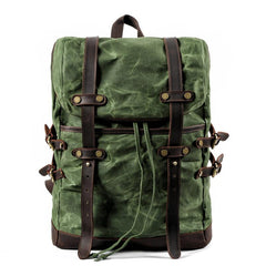 Cool Waxed Canvas Leather Mens Black 15.6‘’ Large Hiking Backpack Green Travel Backpack for Men