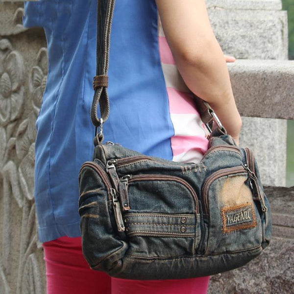 Blue Denim Mens Womens Side Bag Courier - Back View