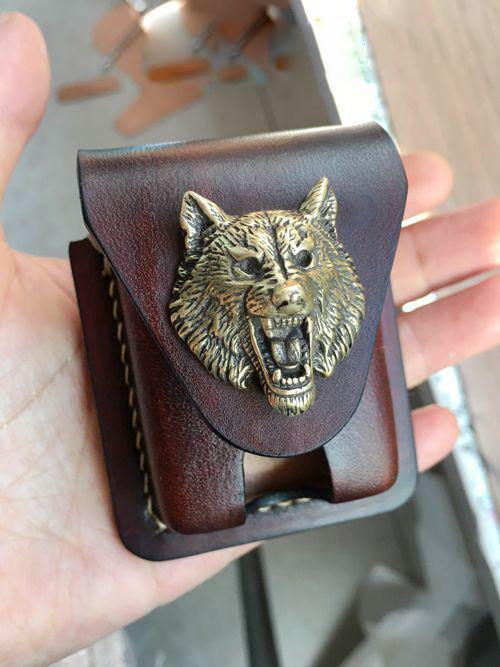 Handmade Coffee Wolf Leather Mens Armor Zippo Lighter Case Zippo Lighter Holder with Belt Loop for Men