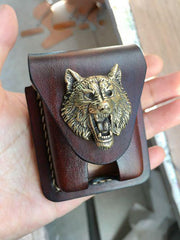 Handmade Coffee Wolf Leather Mens Armor Zippo Lighter Case Zippo Lighter Holder with Belt Loop for Men