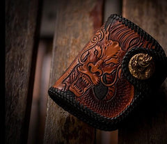 Handmade Leather Tooled Chinese Dragon Biker Wallet Mens Cool billfold Chain Wallet Trucker Wallet with Chain