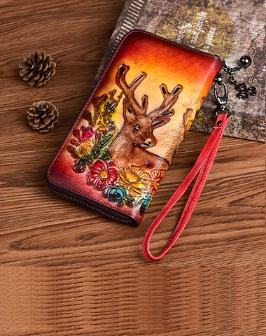 Vintage Reindeer Red Leather Wristlet Wallet Womens Zip Around Wallets Reindeer Ladies Zipper Clutch Wallet for Women