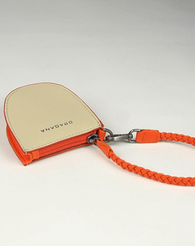 Womens Beige&Orange Leather Coin Zip Wallet with Leather Chain Leather Zip Wristlet Purse for Ladies