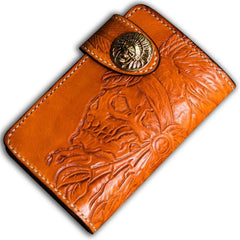 Handmade Leather Tooled Skull Indian Chief Biker Wallets Mens Cool billfold Chain Wallet Trucker Wallet with Chain