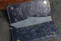 Handmade Long Leather Wallet Bifold Floral Leather Clutch Magnetic Button Wallet For Men Women