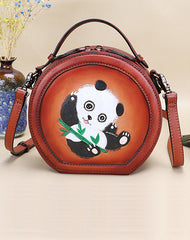 Cutest Women Coffee Leather Round Handbag Panda Crossbody Purse Vintage Round Shoulder Bags for Women