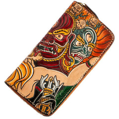 Handmade Leather Tooled Mahākāla Mens Zipper Long Wallet Cool Leather Wristlet Wallet for Men