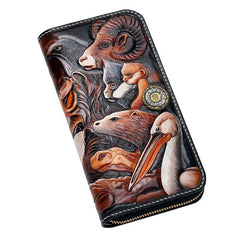 Handmade Leather Tooled The Animals Mens Chain Zipper Biker Wallet Cool Leather Wallet Long Phone Wallets for Men