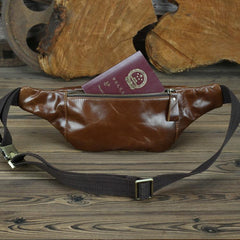 Brown MENS LEATHER FANNY PACK Coffee BUMBAG - Bill Slots Detail