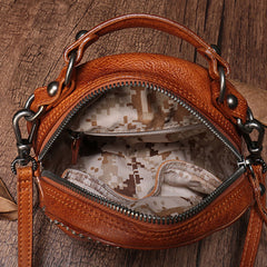 Vintage Brown Leather Womens Round Handbag Black Shoulder Circle Bag Purse For Women
