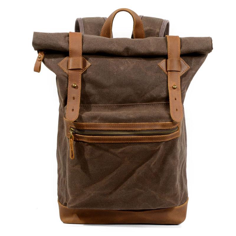 Green Waxed Canvas Leather Mens Cool Backpack Canvas Travel Backpack Canvas School Backpack for Men