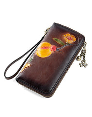 Plum Blossom Flower Red Leather Wristlet Wallet Womens Zip Around Wallets Flower Ladies Zipper Clutch Wallets for Women