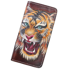 Handmade Leather Tiger Tooled Mens Chain Biker Wallet Cool Leather Wallet Long Phone Wallets for Men