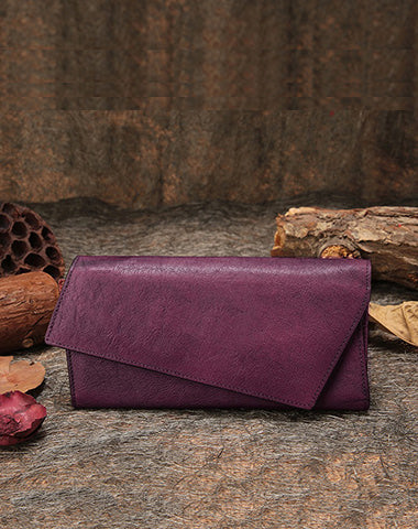 Purple Womens Vintage Leather Trifold Long Wallet Geometry Clutch Long Wallet for Ladies