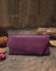 Purple Womens Vintage Leather Trifold Long Wallet - Front View