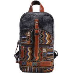 Folk Canvas Mens Sling Bag Vintage Chest Bag One Shoulder Pack for men